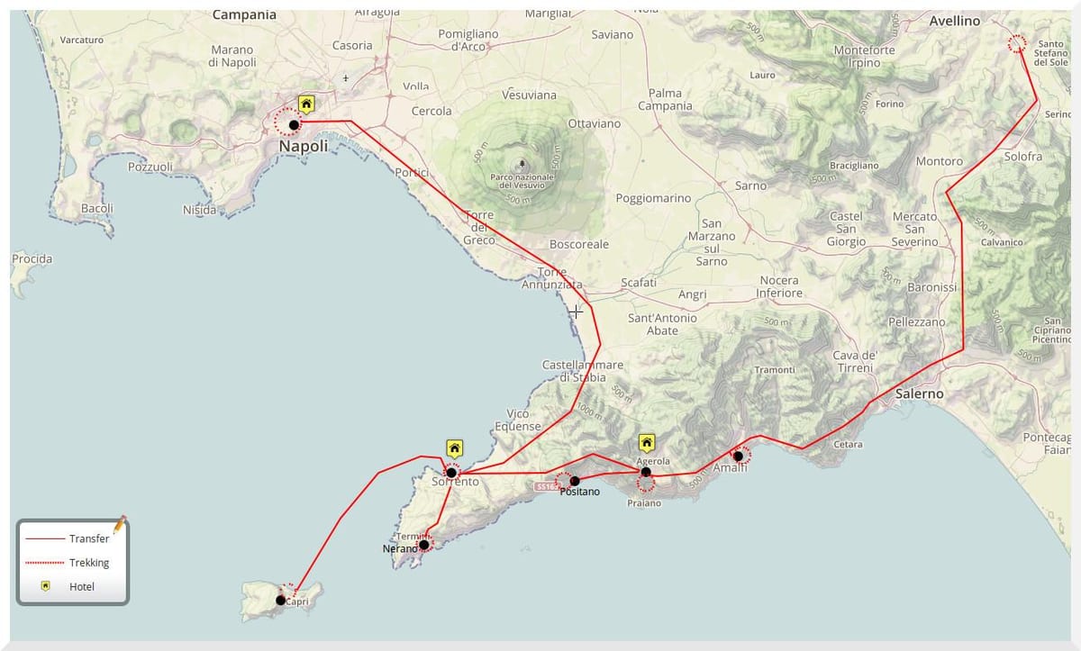 Mapa de nápoles, italia walking tour